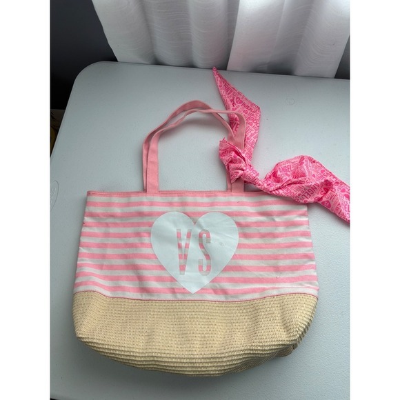 Victoria's Secret Handbags - Victoria's Secret Pink Stripe Tote Bag Travel Beach VS Heart Handbag